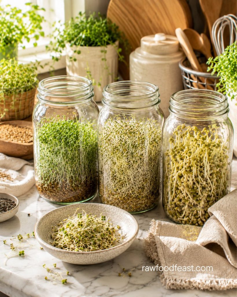 Three sprouting jars on a morning kitchen counter — a daily home sprouting rotation